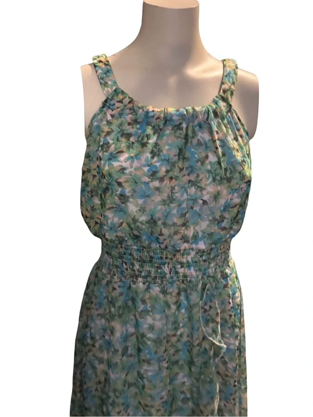 Cato Blue-Green Floral Smocked Midi Dress with Ruffle Trim